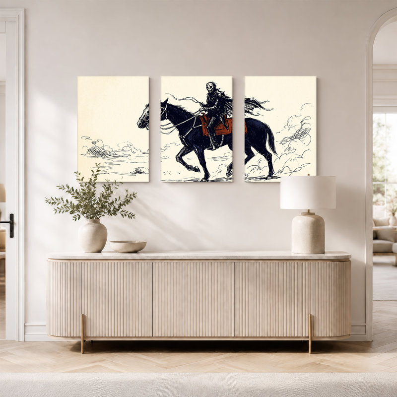 «Skeleton Rider On», cheval noir avec selle rouge, ensemble de 3 toiles, 30"H x 20"W x 3pcs