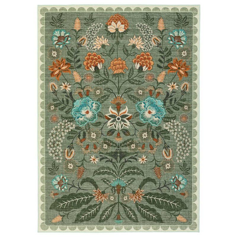  Tapis lavable pour la chambre à coucher Tapis floral rétro antidérapant pour tapis de chambre à coucher, Vert