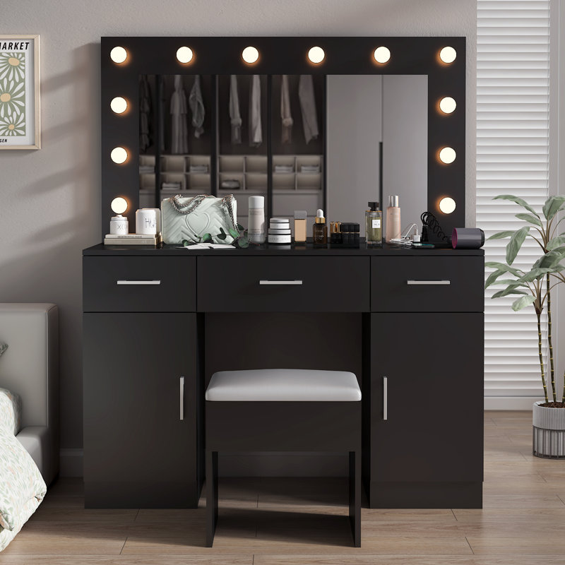 Large Makeup Vanity Set with Lights, USB & Power Outlet,3 Drawers, Black