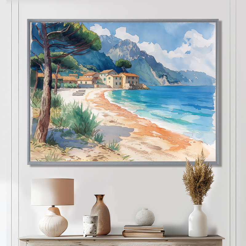 «Blue Green Italian Beachside Escape», art mural plage, H 16 po x l 32 po x P 1 po, Encadrement argenté