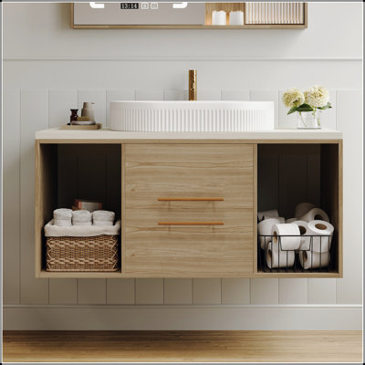 Meuble-lavabo mural avec lavabo ovale en céramique, armoire en bois massif multicouches, tiroirs à fermeture en douceur et rangement ouvert pour des salles de bain modernes et peu encombrantes