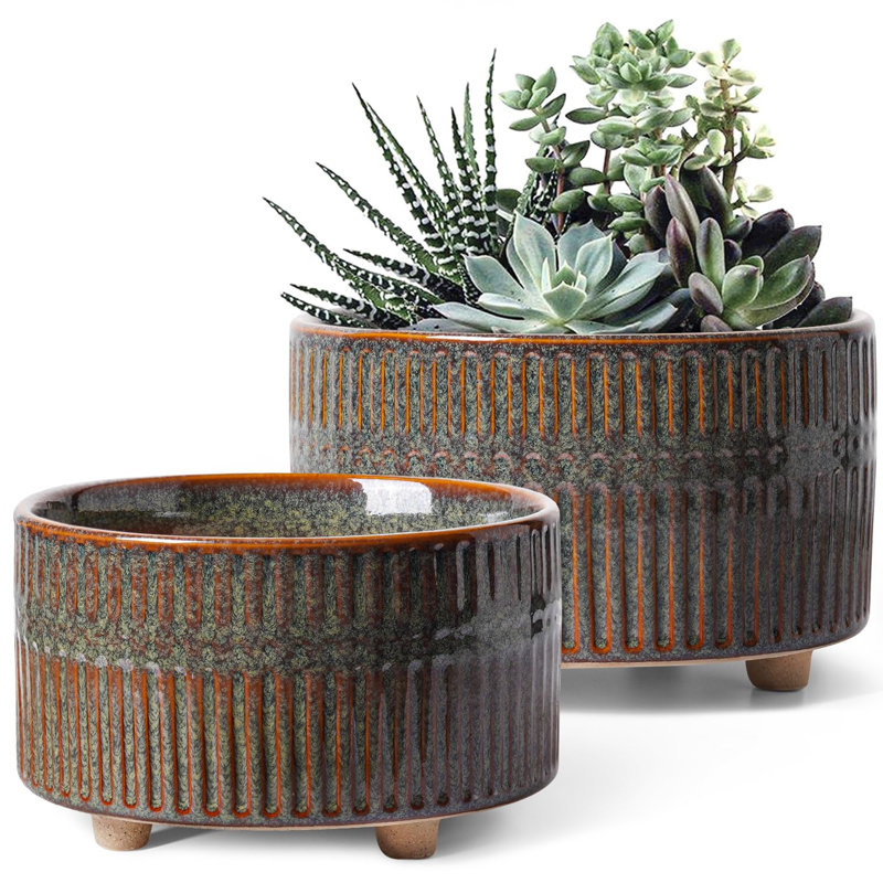 6.5+8 Inch Ceramic Plant Pot with Drainage Hole, Reactive Glaze Black