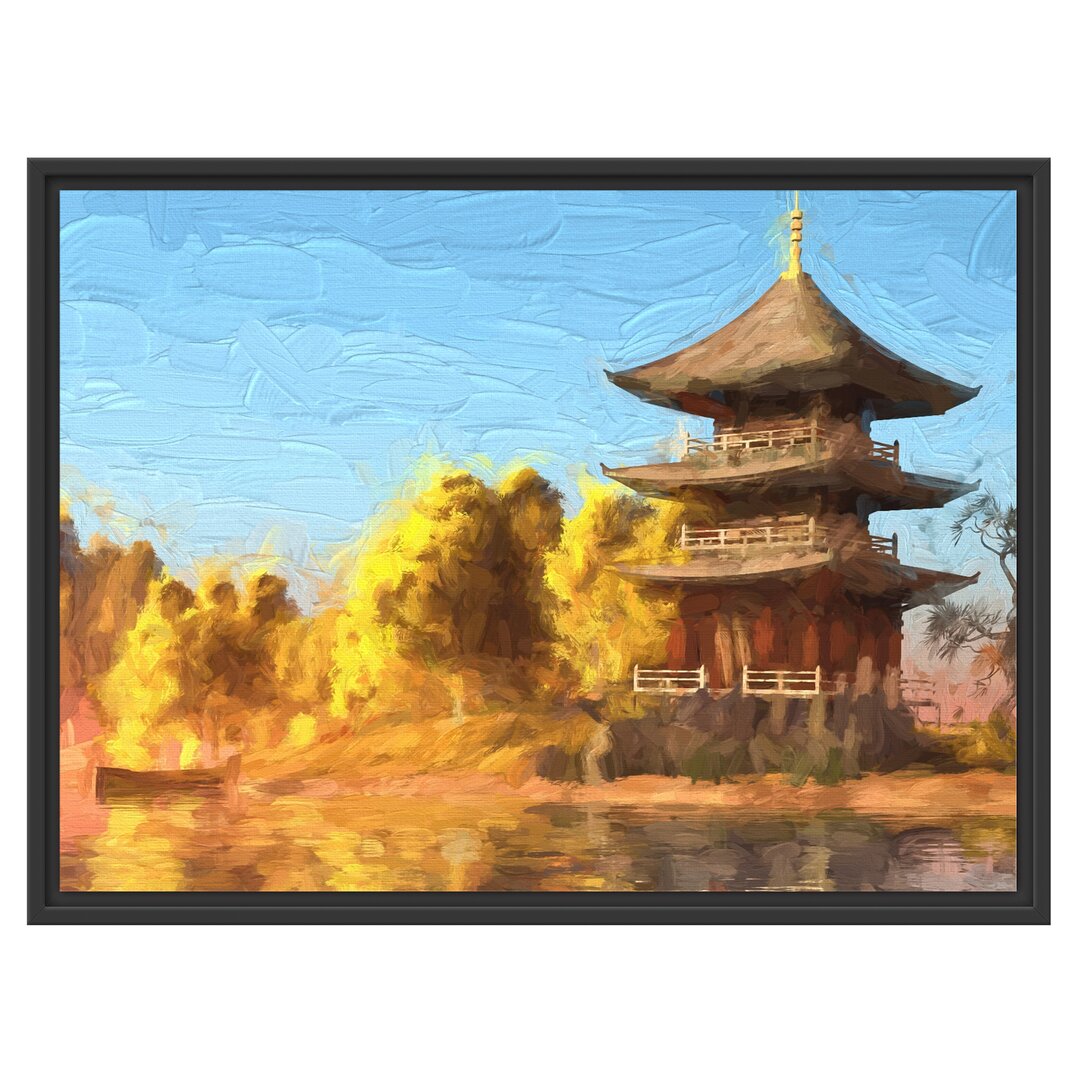 Gerahmtes Wandbild asiatischer Tempel an See