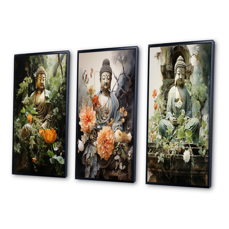 «Green Buddhist Art Buddhas Serene», 3 pièces sur toile, Cadre noir, H 32 po x l 48 po