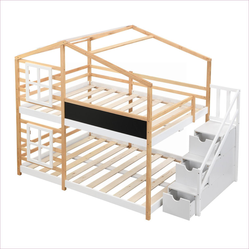 Lit superposé double au-dessus d'un lit double en bois massif avec cadre de jeu et sécurité pour chambre d'enfant