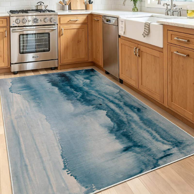 Blue Watercolor Abstract Painting Oil Canvas Ocean Ink Art Machine Washable Indoor Area Rug, Rectangle 55" x 79"