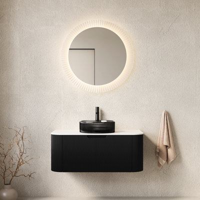 Meuble-lavabo mural de 91 cm (36 po) noir, lavabo rond en verre transparent, tiroir de rangement à rayures 3D, lavabo noir préassemblée dans le meuble-lavabo, tiroir.