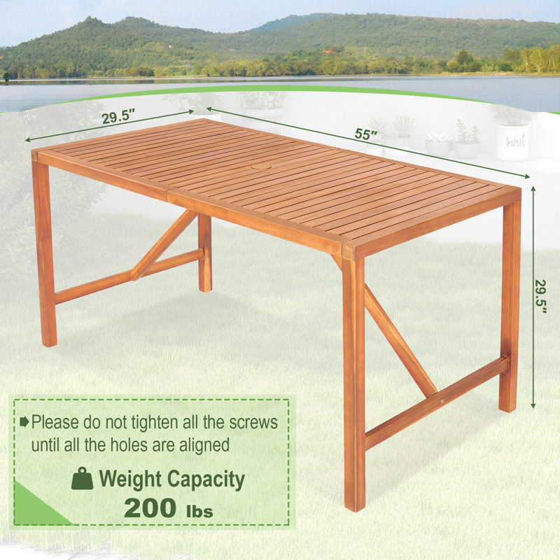 Bylas Rectangular Acacia Outdoor Dining Table With Umbrella Hole , 31.5'' in. W 67'' in. D, 55" W x 29.5" L x 29.5" H