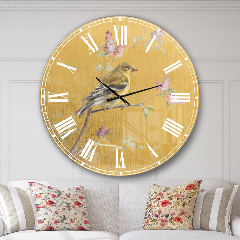 Horloge murale ferme Gold Bird on Blossoms III, Surdimensionné