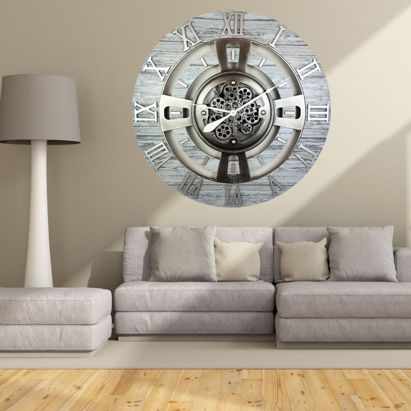 Oversized Silver Grey Wall Clock with Real Moving Gears