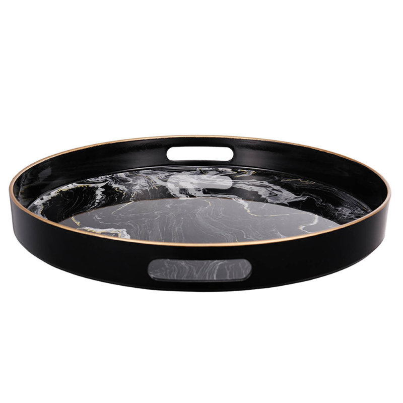Plateaux ronds 2 pièces Qune, poignées découpées, faux marbre noir et blanc en plastique