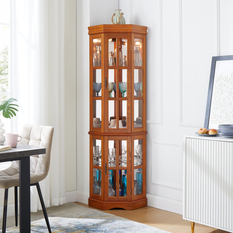 Vitrine d'angle avec 5 tablettes et système d'éclairage, chêne (ampoule E26 non incluse), Chêne