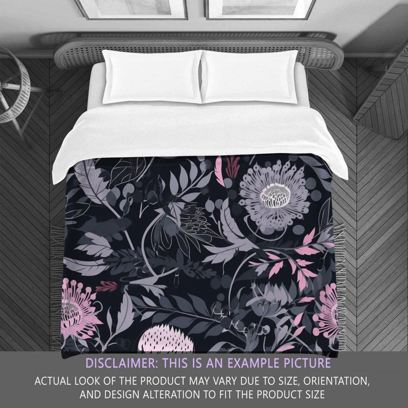 Machine Printed Comforter, Twin Extra Long Comforter, Black/Gray/Purple Floral