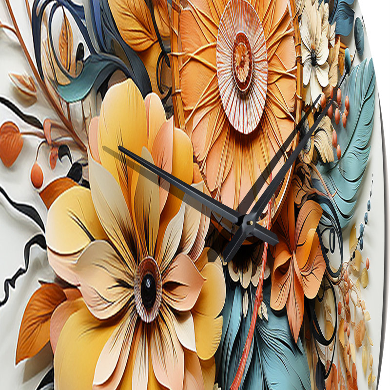 Horloge murale orange fleurs de bohème orange et plumes bleues II, Grand