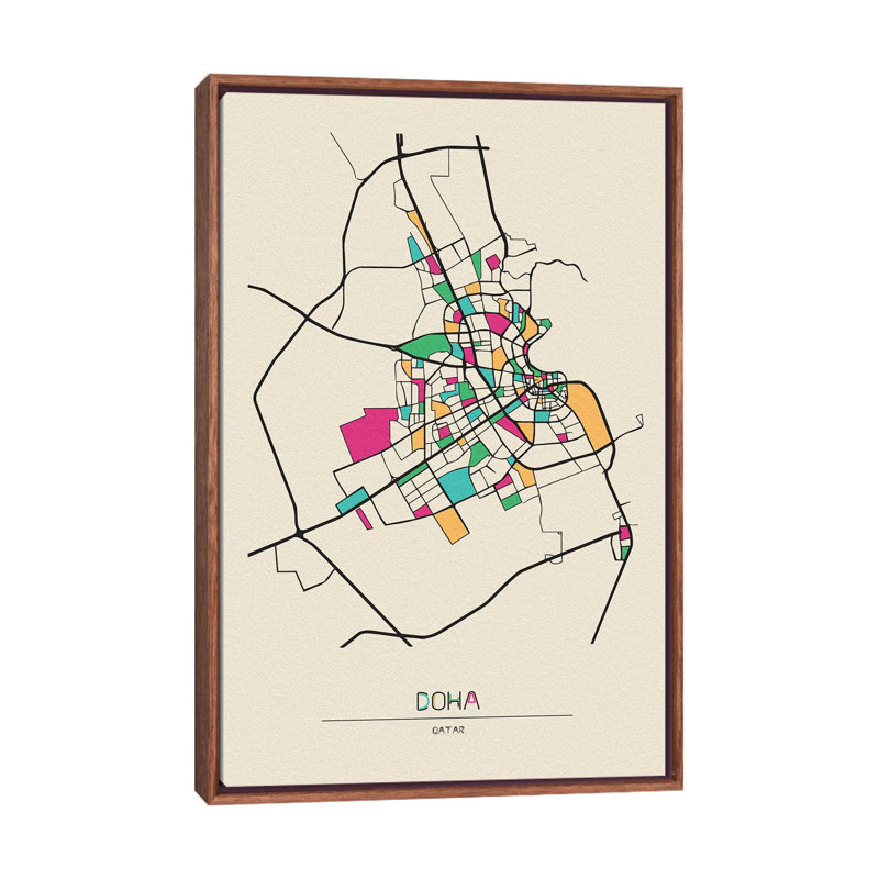 Doha, Qatar Map by Ayse Deniz Akerman - Floater Frame Print on Canvas, Brown Floater Frame, 101.6 cm H x 66.04 cm W