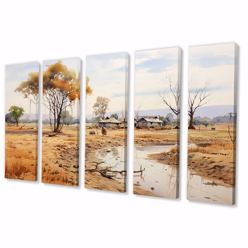 «Beige African Safari Landscape I - Afrique», ensemble de 5 décorations murales, H 28 po x l 60 po