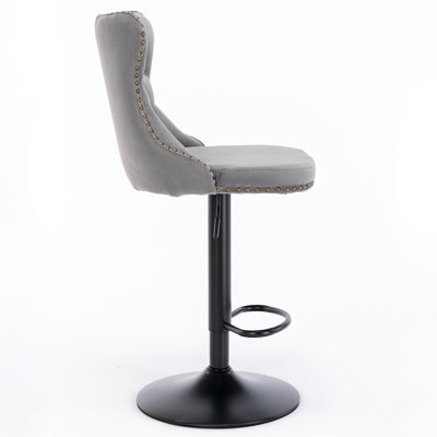 Modern Upholstered Gray Velvet With Backs, Of 2, 360 Swivel, Adjustable Seat Height 25 - 33 Inch, 17.7 Inch Base, Hand Hammered Rivets, Comfortable For Home Use American Design Large Ergonomic Seat,
