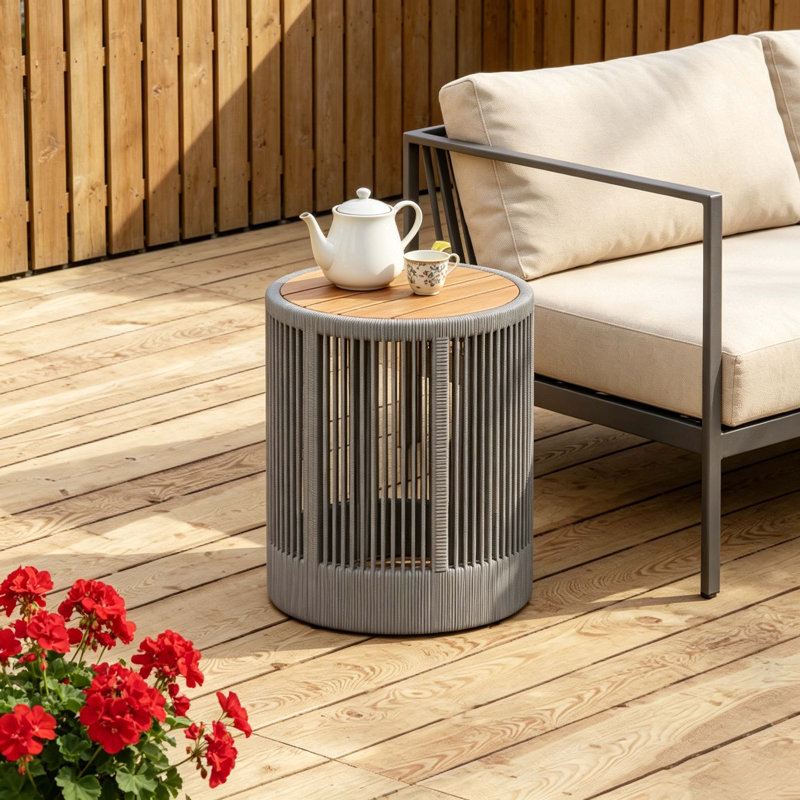 Grey Rope & Natural Acacia Wood Outdoor Side Table, Weather-Resistant Patio End Table For Garden, Yard & Balcony, Gray
