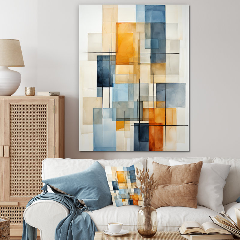 Collage géométrique beige et bleu - reproduction sur toile, Toile tendue, H 20 po x l 12 po x P 1 po