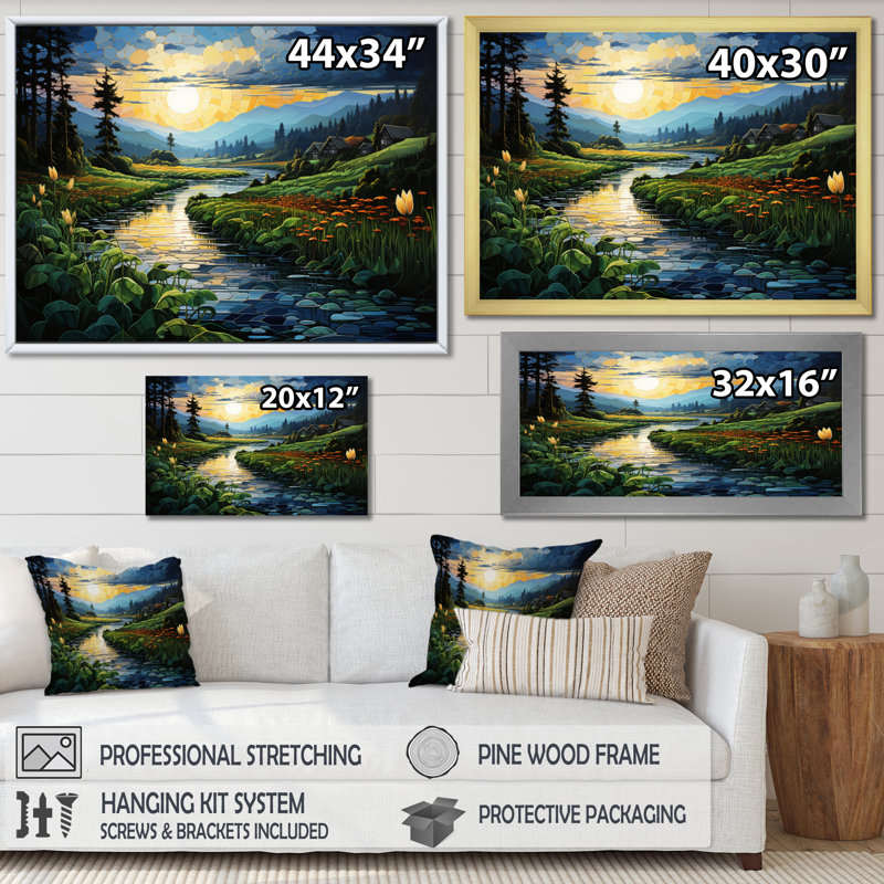 " Countryside Emerald Lake Patchwork ", Silver Picture Framed, 34" H x 44" W x 1.5" D
