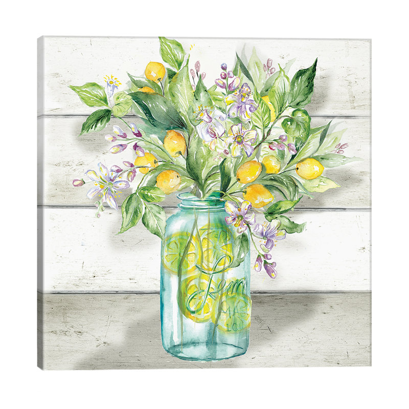Watercolor Lemons In Mason Jar On Shiplap by Lemons In Mason Jar On Shiplap - Wrapped Canvas Painting