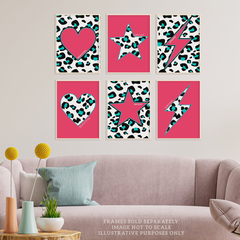 Leopard Pattern Bold Shapes Beautiful Bright Strong - 6 Piece No Frame Print Set, Multicoloured Pink