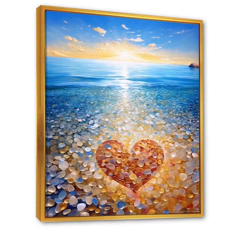 Cœur rouge vibrant sur une plage de galets tropicale, Cadre flottant doré, H 32 po x l 24 po x P 1 po