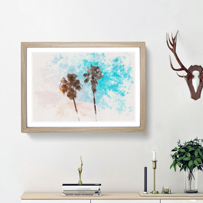 Los Angeles Palm Trees Watercolour - Picture Frame Graphic Art Print, Oak Framed, 45cm H x 63cm W x 2cm D