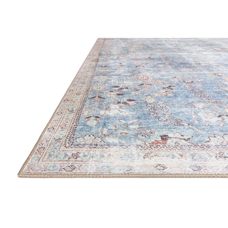 Tapis oriental bleu / beige Georgitte, Tapis de couloir 2 pi 6 po x 7 pi 6 po