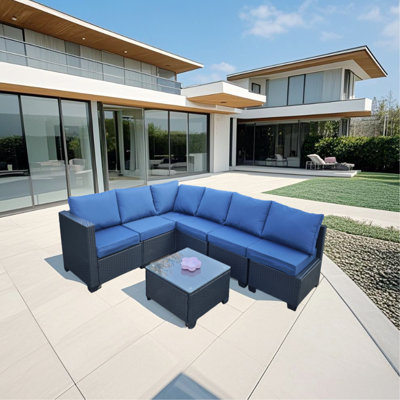 Ensemble de canapé sept pièces avec fauteuil et chaise d'extérieur en rotin PE noir avec coussin
