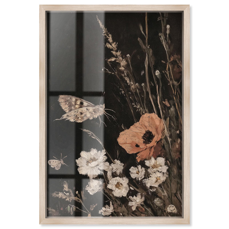 Reproduction botanique «Poppy and Moth II» par Art Remedy, Crème, crème, H 16 po x l 11 po