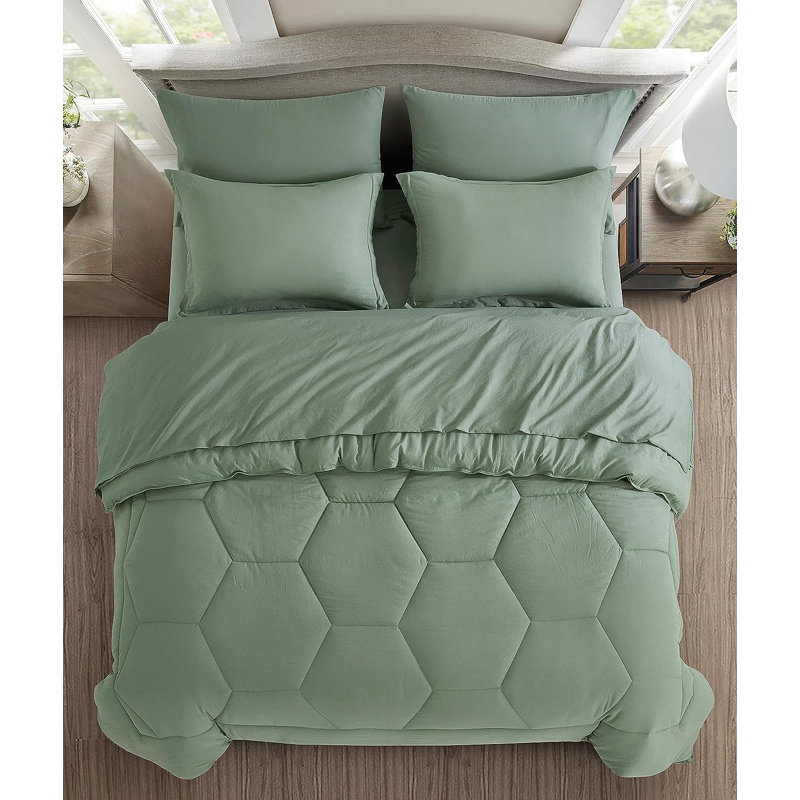 Washed Microfiber 7-Pieces Honeycomb Comforter Set with Sheets, Oversized Queen Comforter + 6 Additional Pieces, Sage