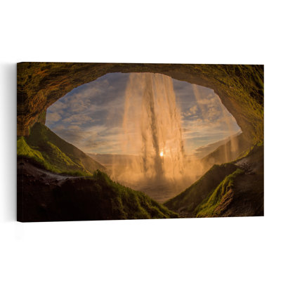 Golden Waterfall Cave Dramatic Ethereal Peaceful Moss Landscape Nature Wall Art Print