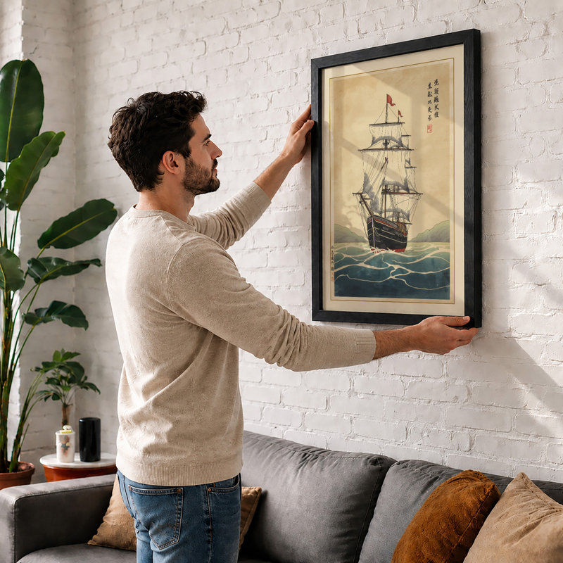 Sailing Ship At Seas Japandi - Print, A1 - 84.1 x 59.4 cm, Oak