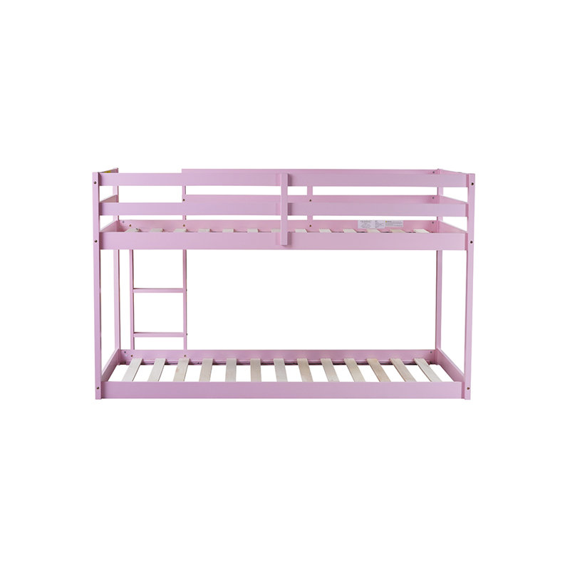 Bunk Bed Twin Over Twin With Ladder And Safety Guardrails, Solid Wood Low Bunk Beds Frame For Teens And Adults, Pink