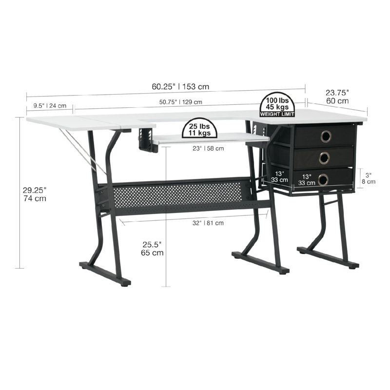 Sewing Table With Storage Drawers And Large Lower Shelf, Black And White, 24"D X 60"W X 29"H