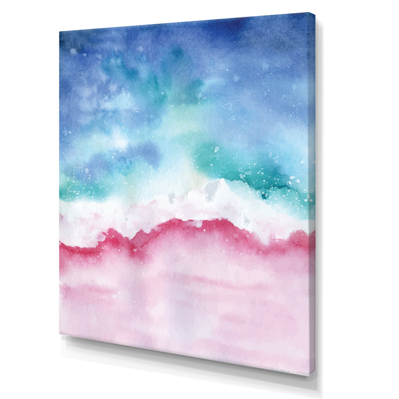 Abstrait océan rose et vagues bleues II - Peinture, H 20 po x l 12 po x P 1 po, Toile tendue