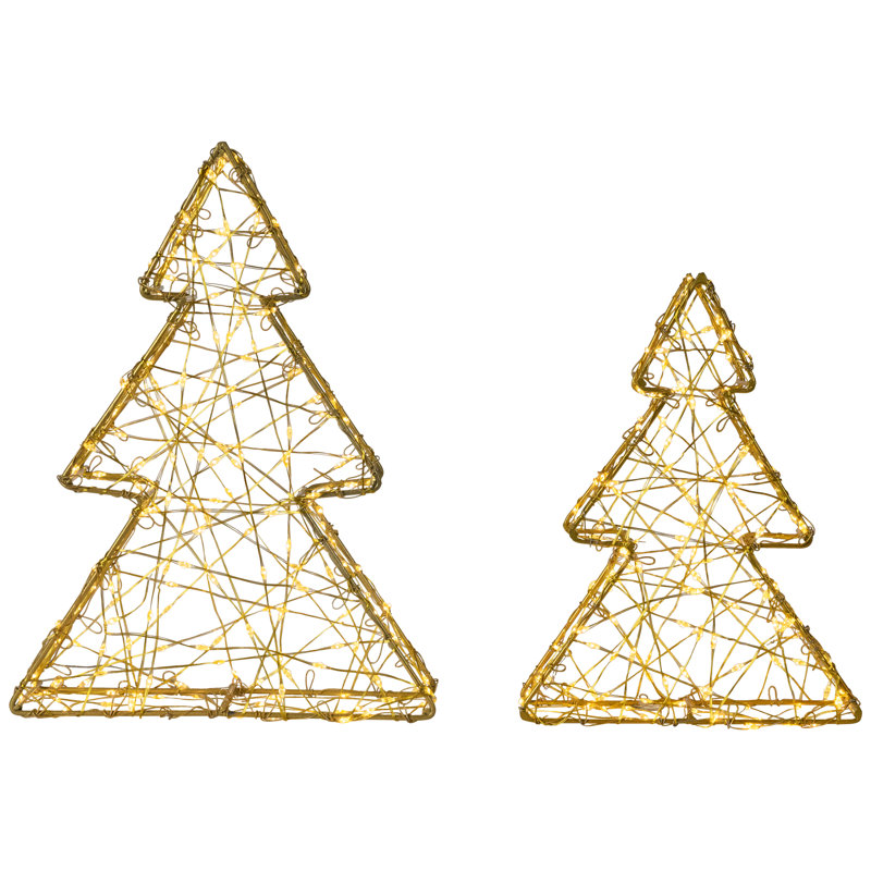 LED Lighted Wire Christmas Tree Decorations - 14" - Set Of 2, Gold