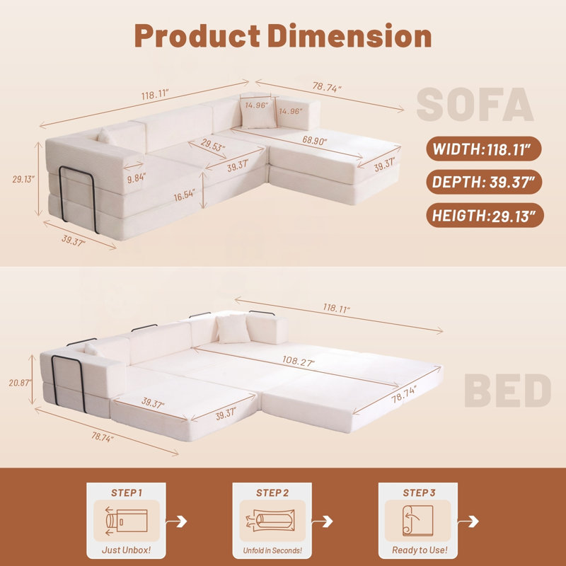 Canapé modulaire de 118 pouces avec structure de forme fixe et coussins, Tissu beige, Beige
