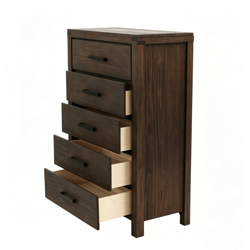 Commode à 5 tiroirs en pin foncé foncé, armoire de rangement moderne pour chambre nordique, rangement compact
