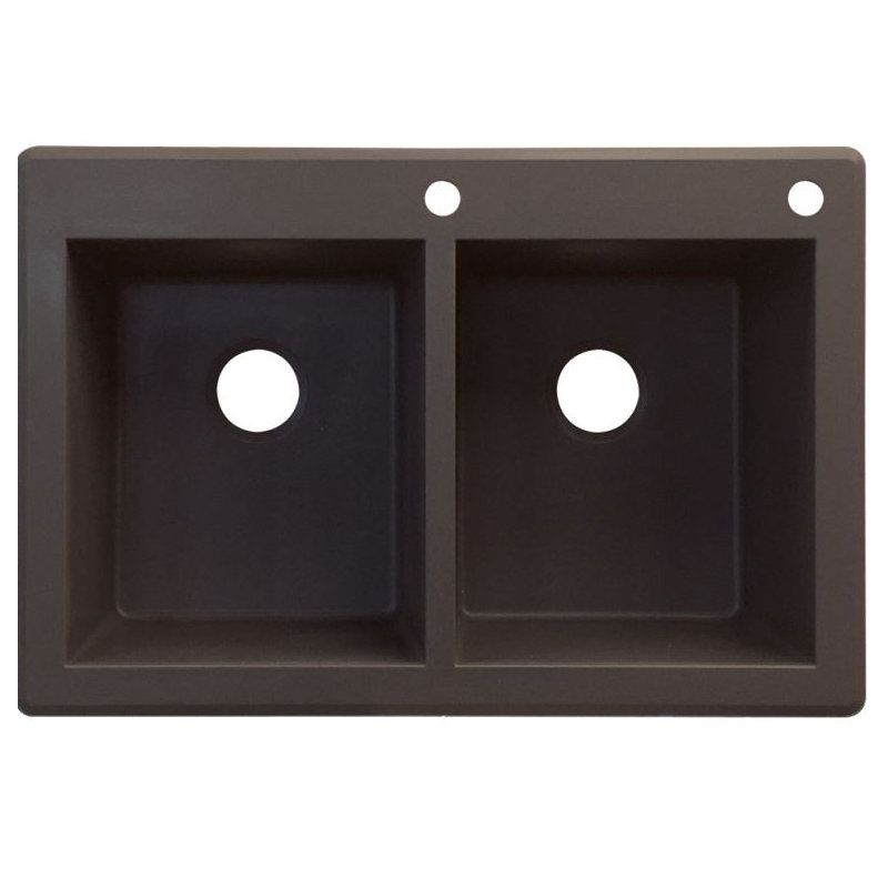 Radius 33.0625'' L Double Bowl Granite Kitchen Sink, Espresso, 2 hole