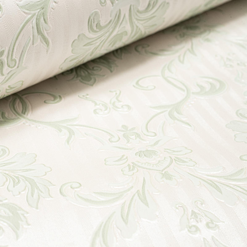 Green Floral Damask Wallpaper Off White Textured Shimmer Feature Wall