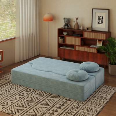 Modern Floor Sofa With 2 Pillows,convertible Plush Corduroy Foam-filled Sleeper Sofa Bed,14.2" Full Size Folding Mattress For Living Room,guest Bed,no Assembly Required