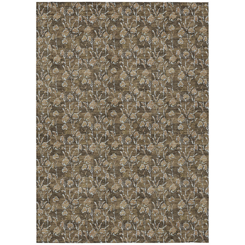 Tapis d'intérieur lavable à motif floral brun et ivoire 5 pi x 8 pi