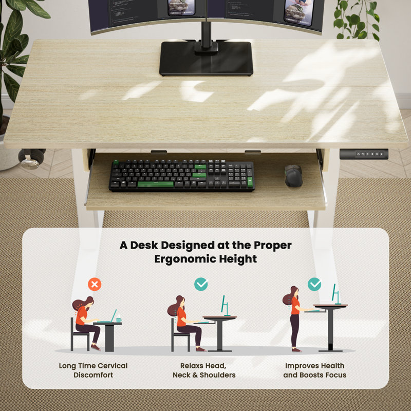 Bureau de travail électrique à hauteur ajustable avec plateau pour clavier Lilja, Beige, H 27,5 po x l 48 po x P 24 po