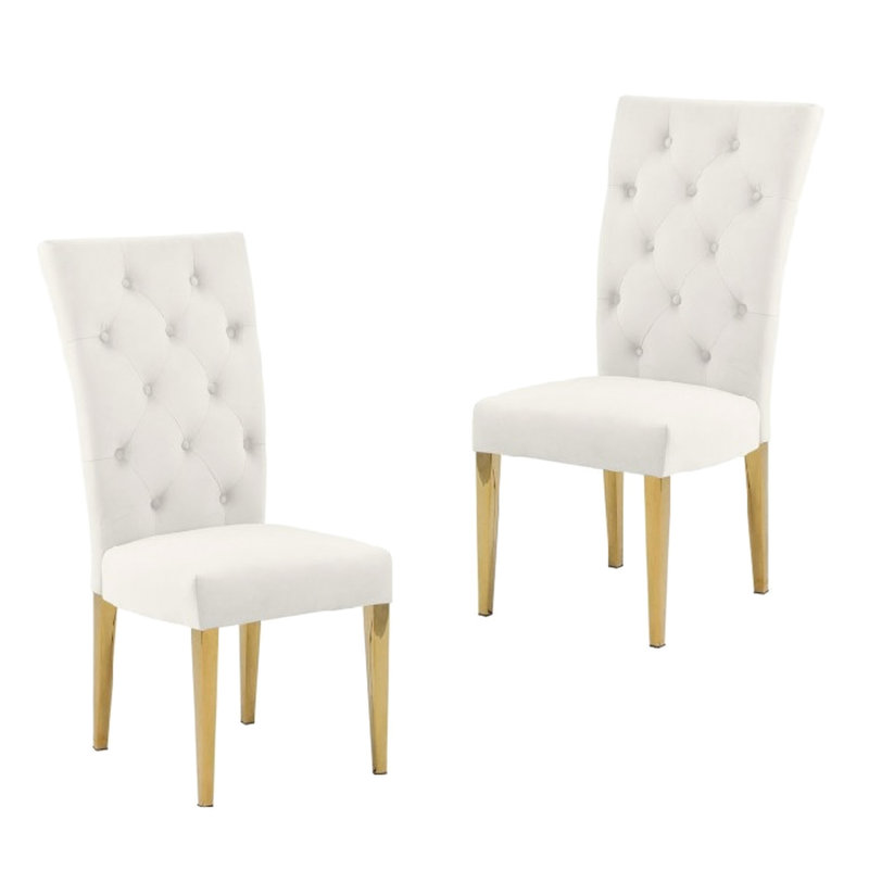 Dossier rembourré en velours crème de 2 chaises de salle à manger modernes avec pieds en métal, Crème, Doré