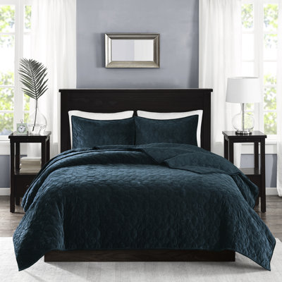 Courtepointe en velours 3 pièces bleu sarcelle - Conception géométrique élégante pour un lit chaud, 1 et 2 taies décoratives, tissu de coton durable, tissu lavable à la machine dans des lits matelassés au look moderne et confortable