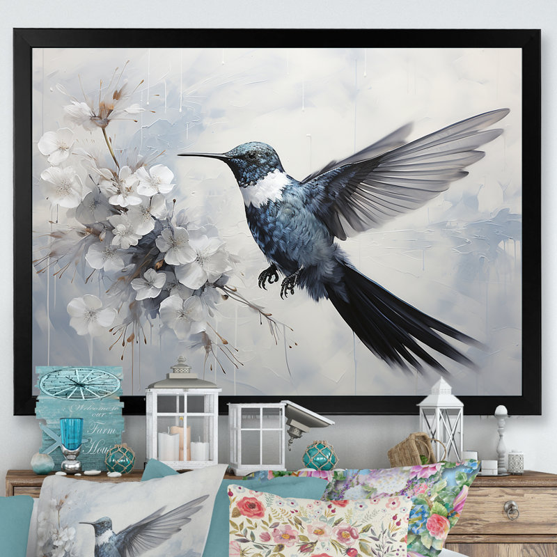 Colibri harmonie florale I sur toile, Cadre simple noir, H 34 po x l 44 po x P 1,5 po