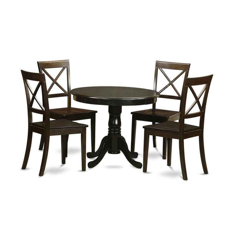 5 Piece Dining Room Furniture Set Includes a Round Dining Table with Pedestal and 4 Linen Fabric Chairs, Cappuccino