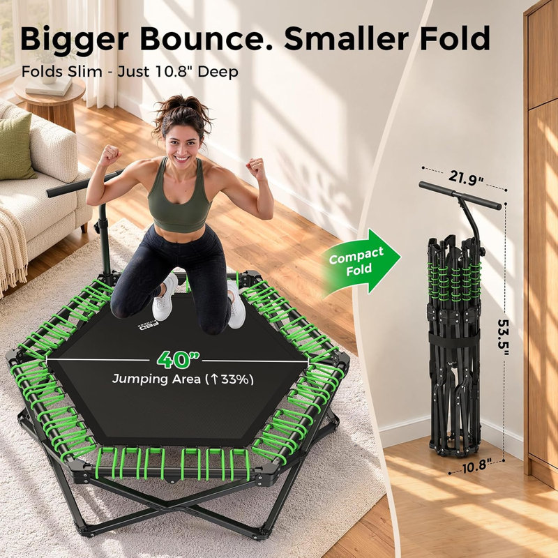 FED Fitness BCAN Series BT8 Fully Foldable Bungee Rebounder Trampoline for Adults with Handle, 500 lbs Capacity, Large Jumping Area, Low-Impact Mini Exercise Trampoline for Indoor Workout, Quick Setup